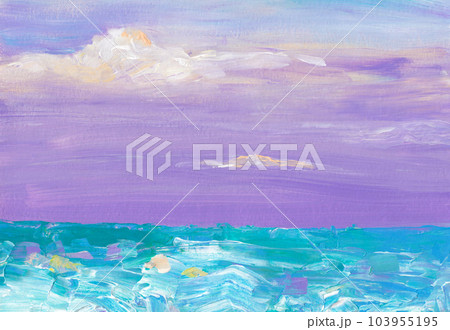 Sea landscape sunset abstract painting. Acrylic pastel purple and sea green seascape art. Sunset on water modern art. 103955195
