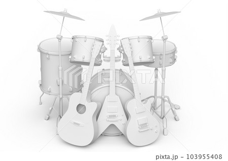 Set of realistic drums with metal cymbals on stand and acoustic guitars on white 103955408