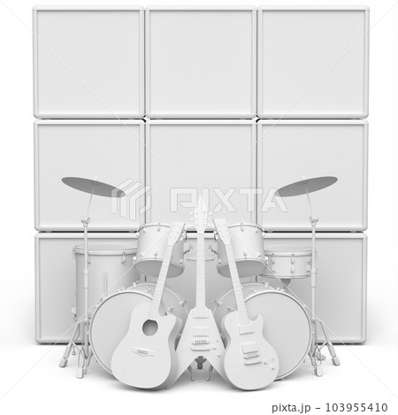 Set of electric acoustic guitar and amplifier on monochrome background. 103955410