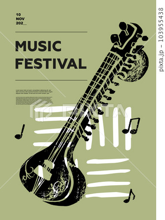 Sitar, folk. Music festival poster. String musical instruments. Competition. A set of vector illustrations. Minimalistic design. Banner, flyer, cover, print. 103955438