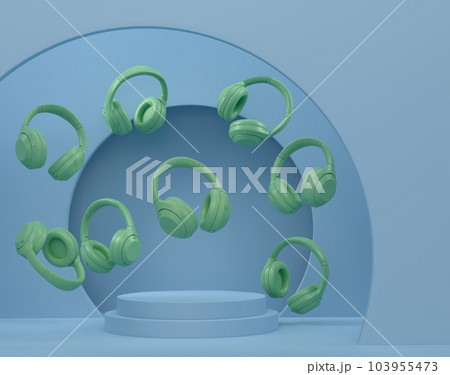 Set of headphones from gamer workspace on monochrome podium 103955473