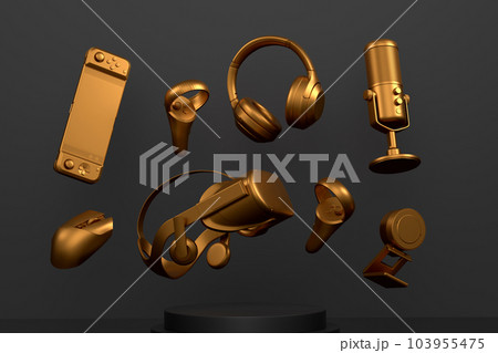Set of video game microphone, VR glasses and headphones on monochrome podium 103955475