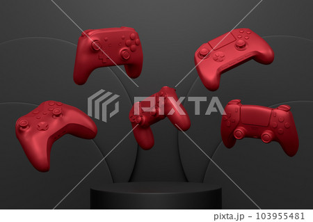 Set of video game joystick on cylinder podium with step on monochrome 103955481