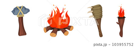 Stone Age Objects and Hunting Weapons with Burn Fire Vector Set 103955752