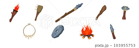 Stone Age Objects and Hunting Weapons with Stick and Spear Vector Set Stone Age Objects and Hunting Weapons with Stick and Spear Vector Set 103955753