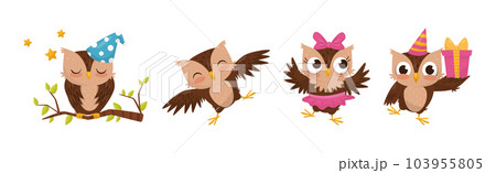 Cute Little Owl Character with Large Eyes and Wings Vector Set 103955805