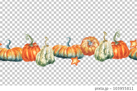 Watercolor Thanksgiving pumpkin border. Hand-drawn pastel pumpkins - pink, grey, orange, beige. Seamless header isolated on the white background. 103955811