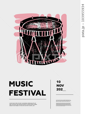 Drum. Music festival poster. Percussion musical instruments. Competition. A set of vector illustrations. Minimalistic design. Banner, flyer, cover, print. 103955934