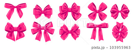 Set of pink satin bows. Ribbon with knot for card decoration and design. 103955963
