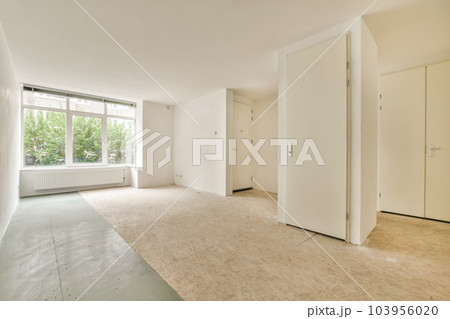 an empty room with white walls and floorboards on the wall, there is no one in the room to be seen 103956020