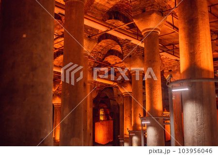Beautiful cistern in Istanbul. Cistern - underground water reservoir build in 6th century, Istanbul, Turkey, Turkiye Beautiful cistern in Istanbul. Cistern - underground water reservoir build in 6th century, Istanbul, Turkey, Turkiye 103956046