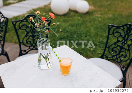 Full glass of orange juice close-up. Fresh...の写真素材 [103956073