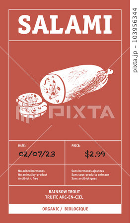 Modern typography banner, hand drawn steak. Meat, salami abstract vector packaging labels design set. Color paper background layouts collection Isolated. 103956344