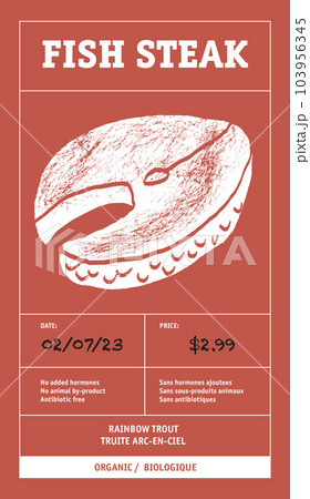 Modern typography banner, hand drawn steak. Meat, fish steak abstract vector packaging labels design set. Color paper background layouts collection Isolated. 103956345