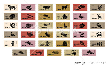Meat, poultry, fish and eggs stickers and labels. Different color packaging for food preparing and culinary. chicken, fish, beef, pork, poultry, pig product for selling vector set. Meat, poultry, fish and eggs stickers and labels. Different color packaging for food preparing and culinary. chicken, fish, beef, pork, poultry, pig product for selling vector set. 103956347