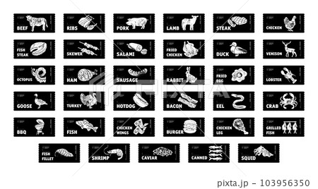 Meat, poultry, fish and eggs stickers and labels. Different color packaging for food preparing and culinary. chicken, fish, beef, pork, poultry, pig product for selling vector set. Meat, poultry, fish and eggs stickers and labels. Different color packaging for food preparing and culinary. chicken, fish, beef, pork, poultry, pig product for selling vector set. 103956350