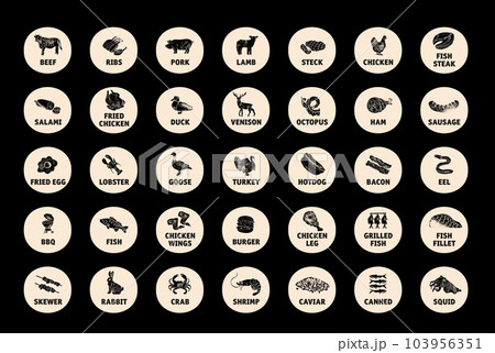 Meat, poultry, fish and eggs stickers and labels. Different color packaging for food preparing and culinary. chicken, fish, beef, pork, poultry, pig product for selling vector set. Meat, poultry, fish and eggs stickers and labels. Different color packaging for food preparing and culinary. chicken, fish, beef, pork, poultry, pig product for selling vector set. 103956351
