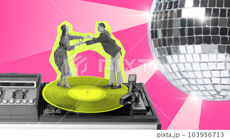 Stylish young man and woman, lovely couple holding hands and dancing retro vinyl player. Music. Contemporary art collage. Stylish young man and woman, lovely couple holding hands and dancing retro vinyl player. Music. Contemporary art collage. 103956713