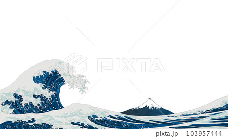 北斎の浮世絵風の波と富士山　背景なしのベクターイラストバナーテンプレート 103957444