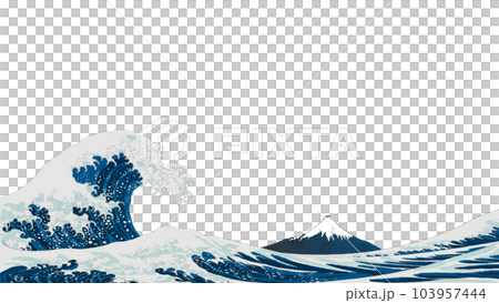 Hokusai's Ukiyo-e style wave and Mt.Fuji vector illustration banner template with no background 103957444
