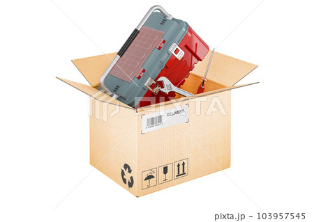 Toolbox inside cardboard box, delivery concept, 3D rendering 103957545