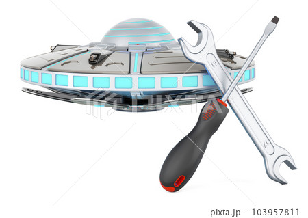 UFO with screwdriver and wrench. 3D rendering UFO with screwdriver and wrench. 3D rendering 103957811