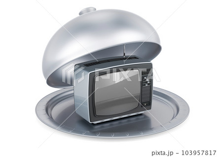 Restaurant cloche with retro TV set, 3D rendering 103957817