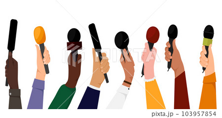 Hands holding microphones. Mass media reporters and journalists with mic recorder taking interview on live tv. Journalism concept Hands holding microphones. Mass media reporters and journalists with mic recorder taking interview on live tv. Journalism concept 103957854