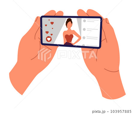 Watching videos online on mobile phone screen. Podcast, news, watching video online, talk show, tv application, live streaming. Hands holding phone 103957885