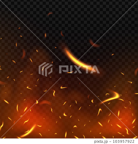 Fire flying sparks background. Vector realistic heat effect of flame in bonfire, isolated on transparent background. 103957922