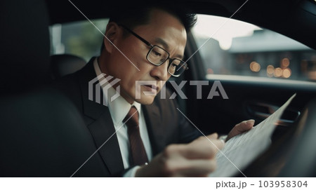 CEO Male Asian Mature Analyzing financial data and making investment decisions in a parked car. Generative AI AIG22. 103958304