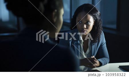 Salesperson Female African-American Young Adult Pitching to a client in Office. Generative AI AIG22. 103958322