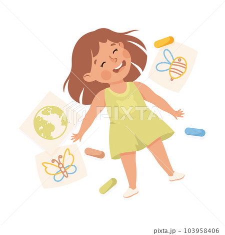 Little Girl Character Lying with Crayons and Drawing Paper Above View Vector Illustration 103958406