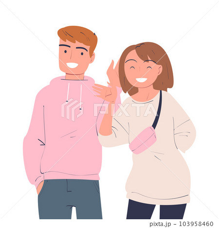 Happy Man and Woman Character Waving Hand and Smiling Vector Illustration Happy Man and Woman Character Waving Hand and Smiling Vector Illustration 103958460