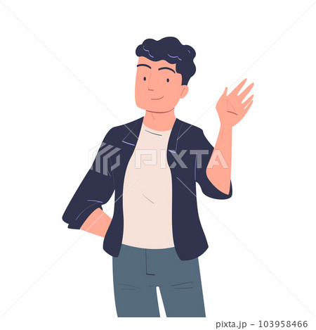 Happy Man Character Waving Hand and Smiling Vector Illustration 103958466