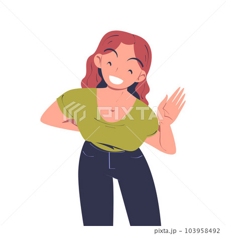 Happy Woman Character Waving Hand and Smiling Vector Illustration Happy Woman Character Waving Hand and Smiling Vector Illustration 103958492