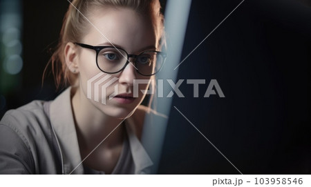 Software Developer Female Caucasian young adult Typing on laptop in office. Generative AI AIG22. Software Developer Female Caucasian young adult Typing on laptop in office. Generative AI AIG22. 103958546