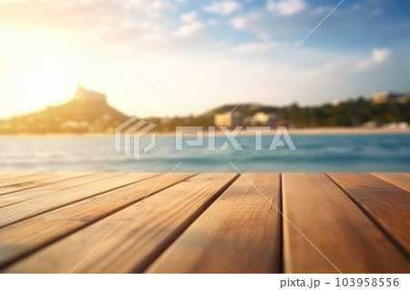 The empty wooden brown table top with blur background of seaside resort. Exuberant. The empty wooden brown table top with blur background of seaside resort. Exuberant. 103958556
