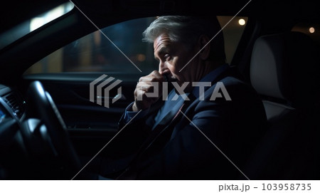 CEO Male Caucasian Mature Making phone calls and negotiating deals in a chauffeured moving car. Generative AI AIG22. 103958735