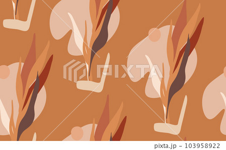 Floral seamless with hand drawn color exotic leaves. Cute autumn background. Tropic branches. Floral wall art. Fashion vector illustration for wallpaper, fabric, textile Floral seamless with hand drawn color exotic leaves. Cute autumn background. Tropic branches. Floral wall art. Fashion vector illustration for wallpaper, fabric, textile 103958922