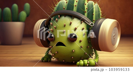 Cactus wearing headphones working out in gym cute. Generative AI AIG16. 103959133
