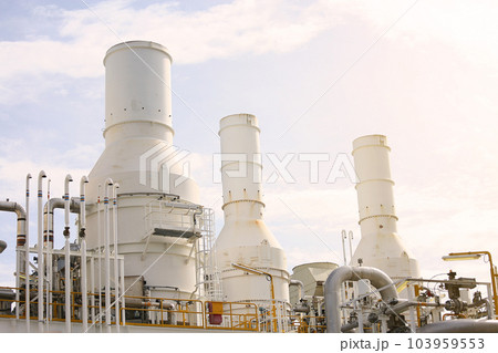 Offshore construction platform for production oil and gas. Oil and gas industry and hard work. Production platform and operation process by manual and auto function from control room. Offshore construction platform for production oil and gas. Oil and gas industry and hard work. Production platform and operation process by manual and auto function from control room. 103959553