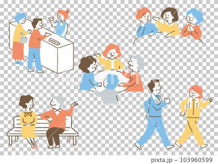 Elderly men and women who are active _ set _ color 103960599