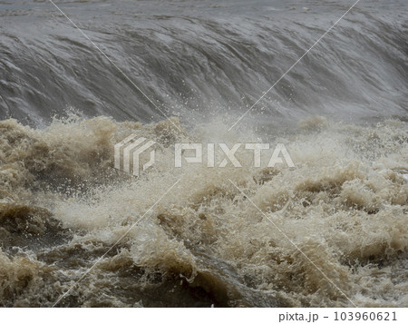 大雨で増水した大和川の柏原堰堤 103960621