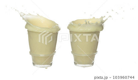 Tofu Soybean soymilk pour fall down. Soybean milk or cosmetic cream moisturizer spill splash in shape glass bowl as paint color. White background isolated high speed shutter freeze motion 103960744