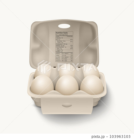 6 Six Vector 3d Realistic White Chicken Eggs in Opened Carton Paper Box, Container, Packaging. Chicken Egg Set, Isolated. Vector Raw Whole Eggs. Egg Pack in Front View 6 Six Vector 3d Realistic White Chicken Eggs in Opened Carton Paper Box, Container, Packaging. Chicken Egg Set, Isolated. Vector Raw Whole Eggs. Egg Pack in Front View 103963103