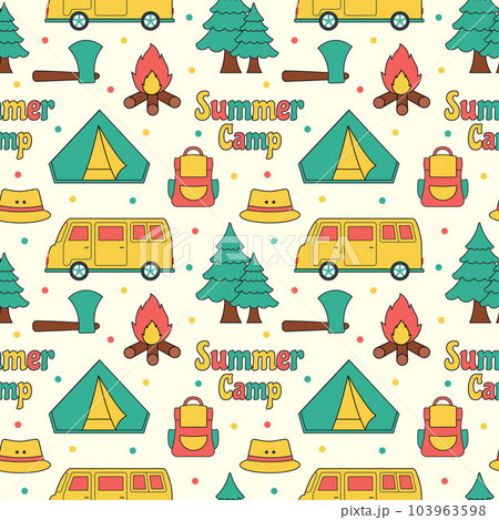 Summer Camp Seamless Pattern Design of Camping and Traveling Element in Template Hand Drawn Cartoon Flat Illustration 103963598