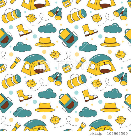 Summer Camp Seamless Pattern Design of Camping and Traveling Element in Template Hand Drawn Cartoon Flat Illustration 103963599