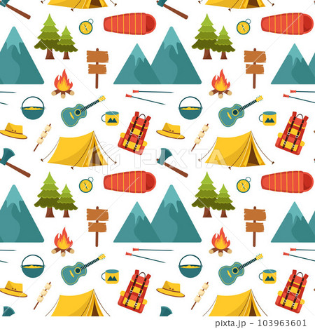 Summer Camp Seamless Pattern Design of Camping and Traveling Element in Template Hand Drawn Cartoon Flat Illustration 103963601