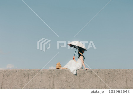 堤防に日傘をさして佇む女性 103963648